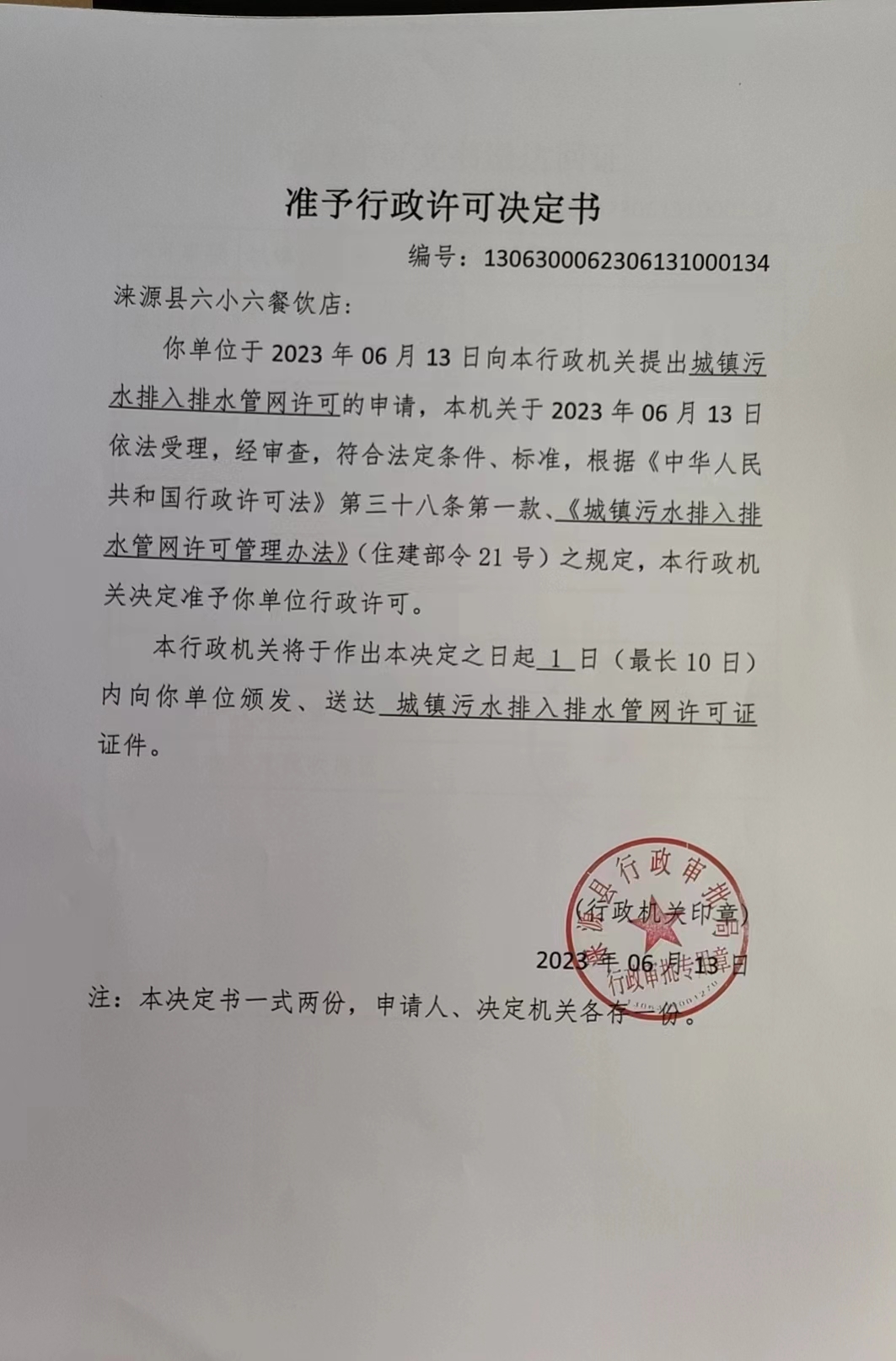 涞源县六小六餐饮店行政许可决定书.jpg