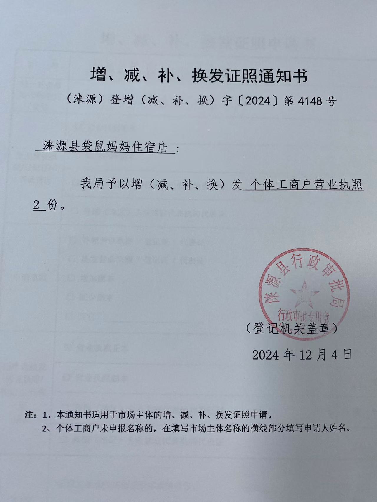 涞源县袋鼠妈妈住宿店增、减、补、换发证照登记通知书.jpg