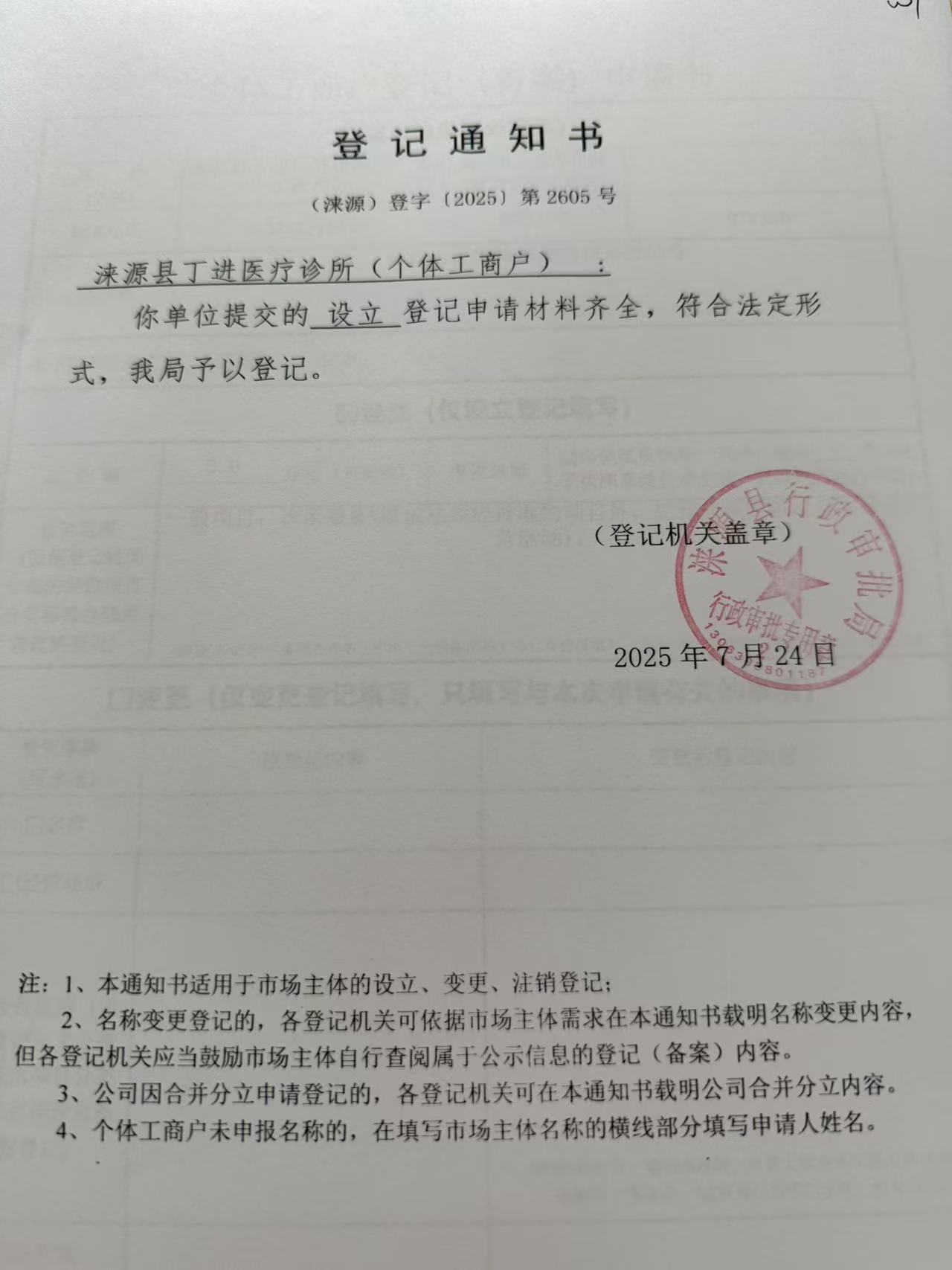 涞源县丁进医疗诊所登记通知书.jpg