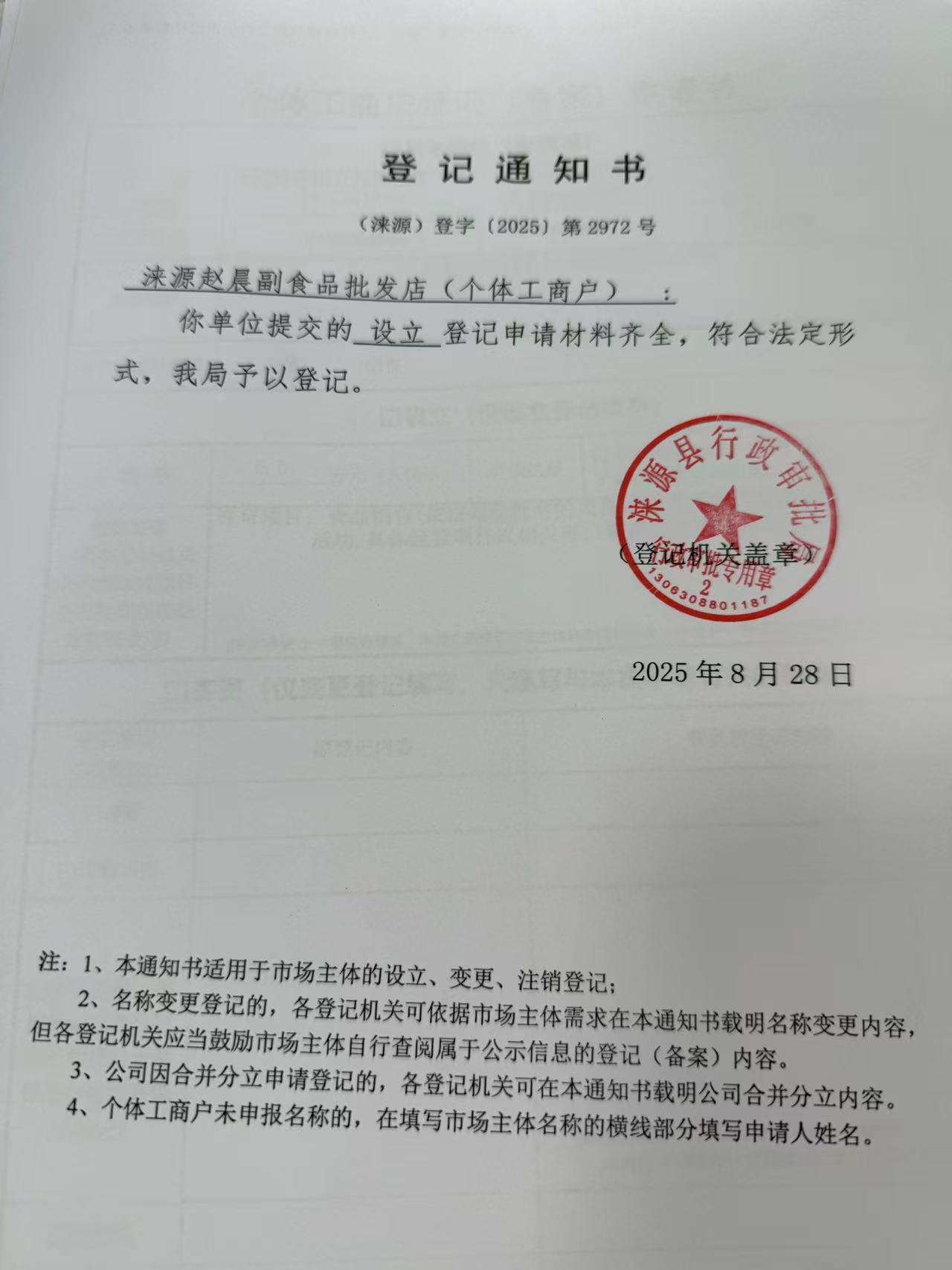 涞源赵晨副食品批发店登记通知书.jpg